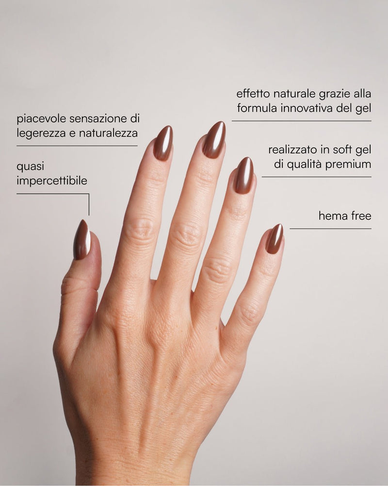 Press Ons in Soft Gel Glazed Chocolate Mandorla Corte - Doonails Italy