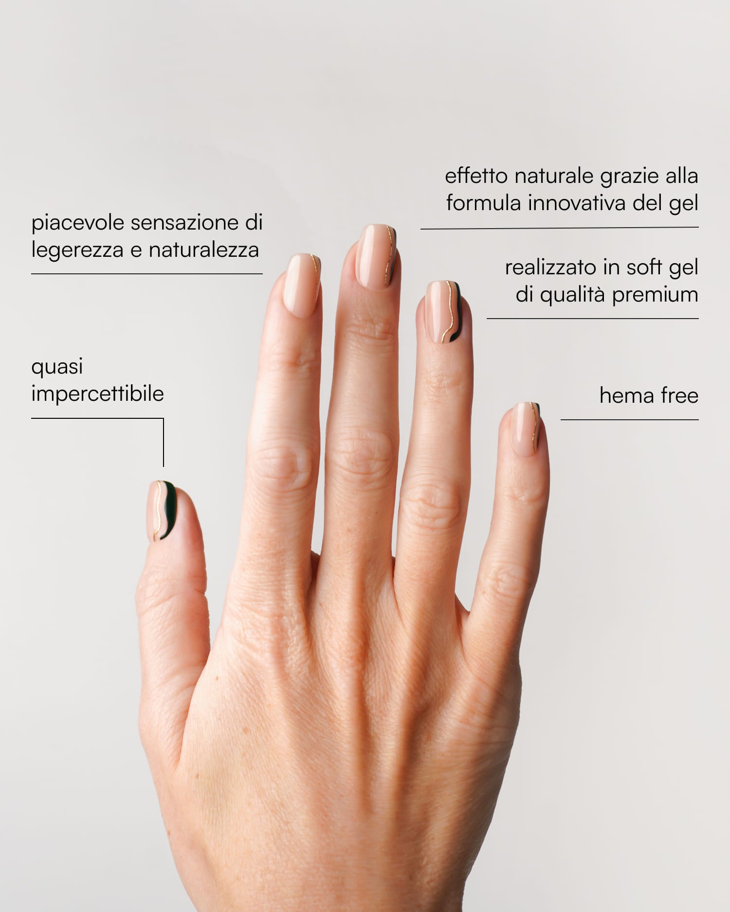 Press Ons in Soft Gel corto quadrato Gold Green Slate Swirl